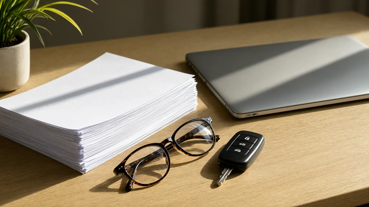 Accident paperwork, car keys, and reading glasses organized on a desk