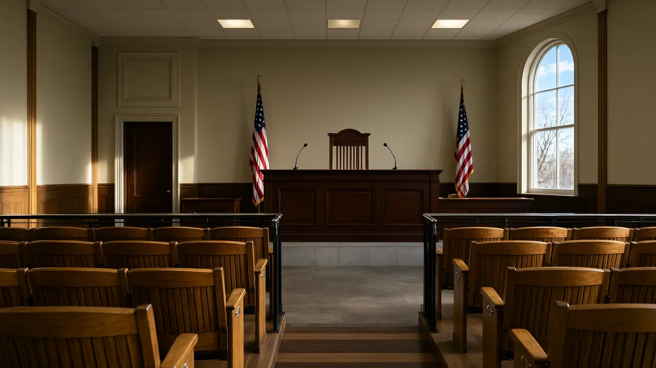 An empty immigration courtroom seen from the public gallery, with the judge bench and flags at the front