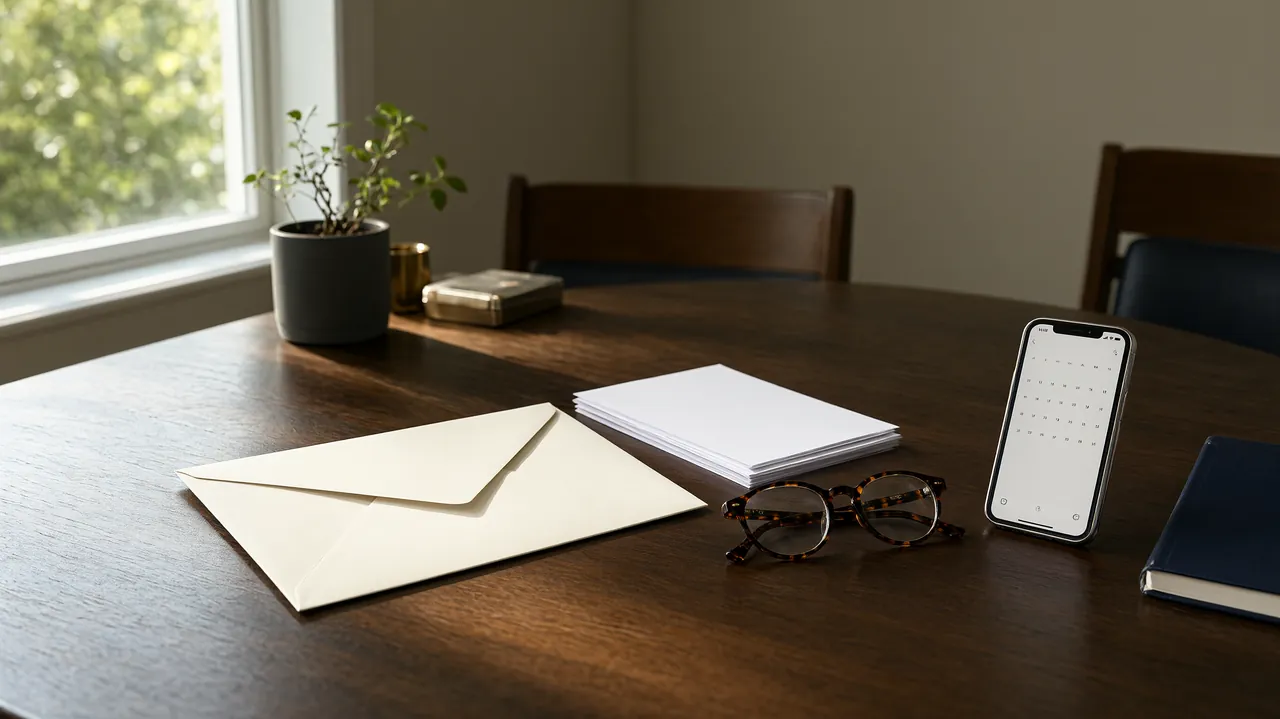 A sealed envelope and a stack of blank paperwork on a desk beside a phone showing a hearing calendar